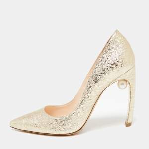 Nicholas Kirkwood Metallic Gold Foil Leather Pearl Embellished Pointed Toe Pumps Size 37.5