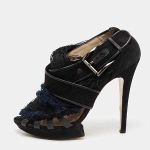 Nicholas Kirkwood Black/Blue Suede And Fabric Criss Cross Platform Sandals Size 39.5