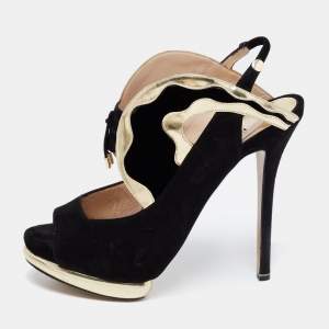 Nicholas Kirkwood Black/Gold Suede And Leather Platform Slingback Sandals Size 38