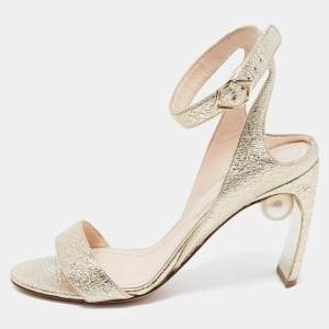 Nicholas Kirkwood Light Gold Textured Leather Lola Pearl Ankle-Strap Sandals Size 38