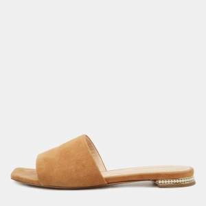 Nicholas Kirkwood Tan Suede Pearl Embellished Flat Slides Size 36