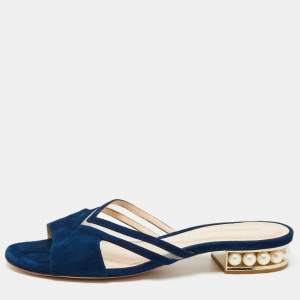 Nicholas Kirkwood Navy Blue Suede and Mesh Faux Pearl Embellished Flat Slides Size 37.5
