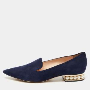 Nicholas Kirkwood Navy Blue Suede  Casati Faux Pearl Heel Pointed Toe Loafers Size 38