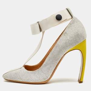Nicholas Kirkwood Grey/White Jersey Fabric and Rubber Bow T-Strap Pumps Size 38