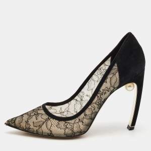 Nicholas Kirkwood Black Suede and Lace Mira Pearl Pumps Size 40