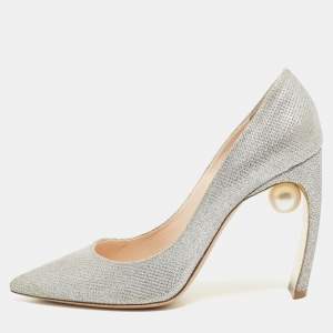 Nicholas Kirkwood Silver Glitter Lace Pearl Embellished Pointed Toe Pumps Size 40