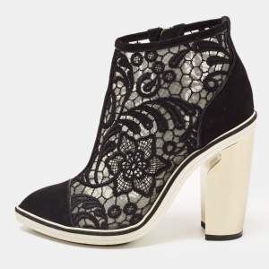Nicholas Kirkwood Black Suede and Embroidered Mesh Block Heel Ankle Boots Size 36
