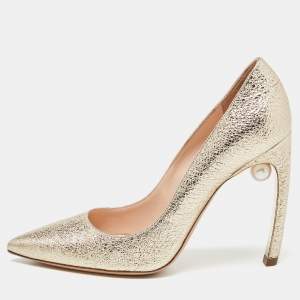 Nicholas Kirkwood Metallic Gold Foil Leather Pearl Embellished Pointed Toe Pumps Size 38