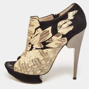 Nicholas Kirkwood Black/Yellow Suede and Embossed Lizard Open Toe Platform Booties Size 40.5