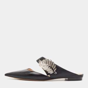 Nicholas Kirkwood Black Leather Crystal Embellished Flat Mules Size 40