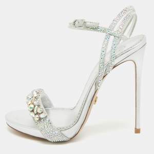 Le Silla Sliver Leather Crystal Embellished Ankle Strap Sandals Size 36