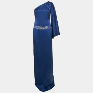 Nicole Miller Blue Sequin Embellished Satin Silk One Shoulder Cocktail Dress M