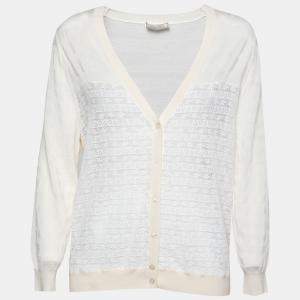 Nina Ricci Cream Striped Knit and Lace Cardigan XL