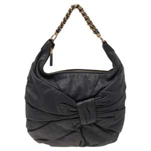 Nina Ricci Dark Grey Pleated Leather Chain Hobo 