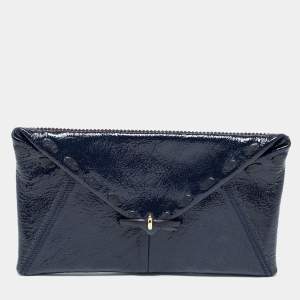 Nina Ricci Navy Blue Crinkle Patent Leather Bow Envelope Flap Clutch