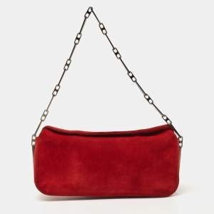 Nina Ricci Red Suede Chainlink Baguette Bag