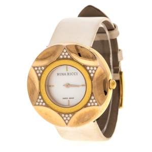 Nina Ricci White Mother Of Pearl Gold Plated Steel Diamonds N024.83 Women's Wristwatch 36 mm