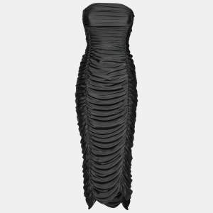 Norma Kamali Grey Stretch Knit Ruched Strapless Midi Dress L
