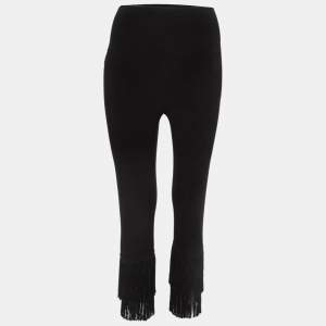 Norma Kamali Black Stretch Knit Fringed Hem Crop Leggings M