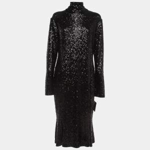 Norma Kamali Black Sequin Detail Fishtail Midi Dress XL