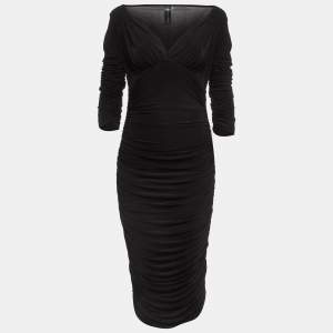 Norma Kamali Black Lycra Shirred Side Detail Tara Midi Dress M