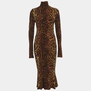 Norma Kamali Brown Leopard Jersey Midi Fishtail Dress M