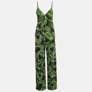 Norma Kamali Black/Green Palm Leaf Print Jersey Slip Jumpsuit M