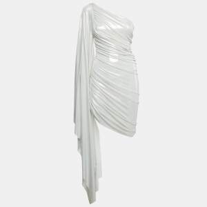 Norma Kamali Silver Lamé Jersey Long One Shoulder Ruched Mini Dress XXS