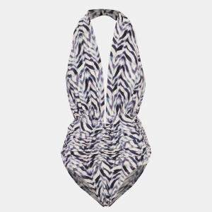 مملوكة مسبقًا Norma Kamali White/Blue Chevron Zebra Print Jersey Halter Slinky Marissa Swimsuit XL