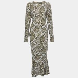 Norma Kamali White/Green Python Print Jersey Fishtail Midi Dress XL