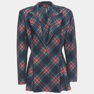 Norma Kamali Multicolor Plaid Jersey Peplum Jacket L