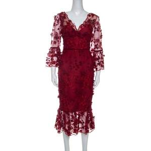 Notte by Marchesa Burgundy 3D Floral Lace Midi Dress M