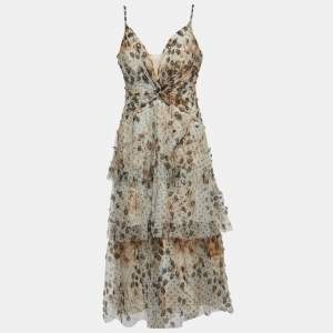 Marchesa Notte Beige Embellished Printed Tulle Tiered Gown L