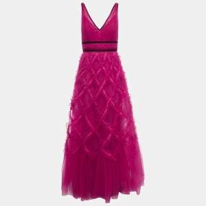 Notte By Marchesa Pink Tulle Ruffle Detailed Sleeveless Gown M