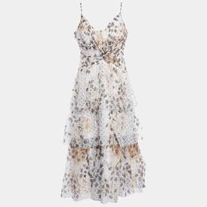 Pre Owned Notte By Marchesa White Printed Tulle Tiered Midi Dress L