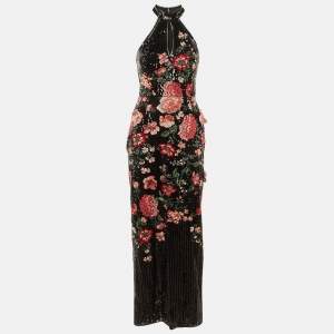 Pre Owned Notte By Marchesa Black Sequin Embroidered Halter Neck Gown S