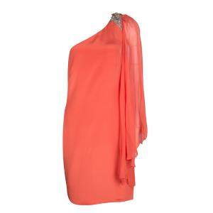Notte By Marchesa Orange Silk Embellished Draped Sleeve Detail One Shoulder Dress M