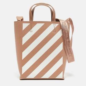 Off-White Beige/White Striped Leather Medium Binder Clip Vertical Tote