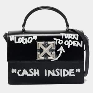 Off-White Black Leather Jitney "Cash Inside" Graffiti Top Handle Bag