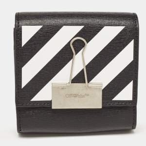 Off-White Black/White Diagonal Print Leather Binder Clip Compact Wallet
