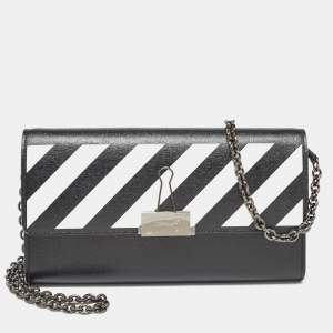 Off-White Black/White Diagonal Print Leather Binder Clip Wallet on Chain