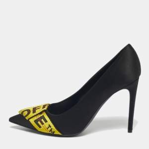 Pre Owned Off-White Black/Yellow Satin and Logo Canvas Commercial Bow Pumps Size 39
