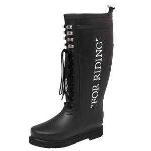 Pre Owned Off-White Black Rubber Quote Motif Lace Up Riding Boots Size 37