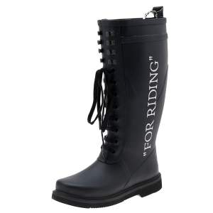 Pre Owned Off-White Black Rubber Quote-Motif Riding Boots Size 38