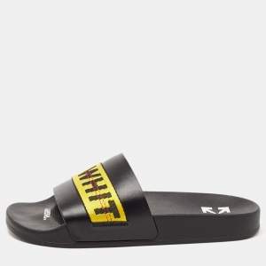 Off-White Black/Yellow Leather and Logo Canvas Industrial Slides Size 41