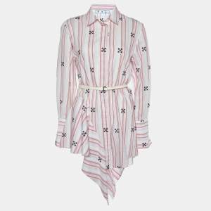 Off-White White Stripe & Embroidered Cotton Blend Shirt Dress S
