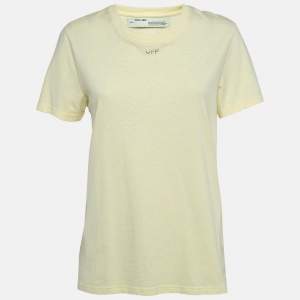 Off-White Yellow Cotton Crystal Logo Embellished T-Shirt S