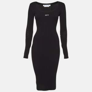 Off-White Logo Print Black Rib Knit Bodycon Dress M