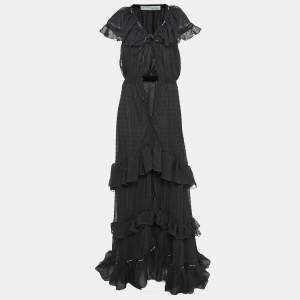 Off-White Black Swiss Dot Crepe Ruffled Wrap Maxi Dress M