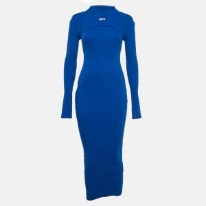 Off-White Blue Logo Print Rib Knit Midi Dress S